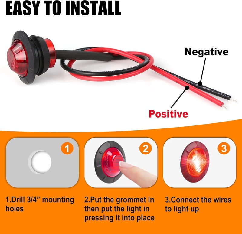 ALFU 10PCS Red 3/4" 12V LED Boat Interior Lights Marine Navigation Lights Clearance Marker Lights Round Bullet Side Indicator Lamps for Truck, Trailer, RV, Van, Boat, Bus, Caravan - Image 4